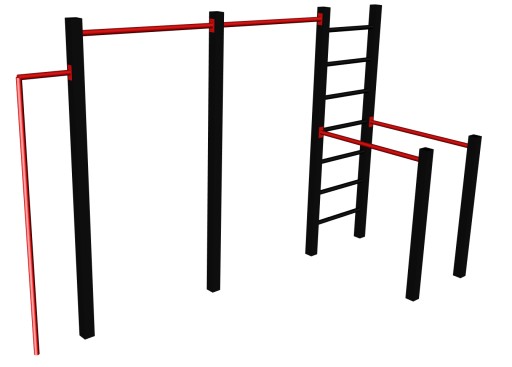 Zestaw street workout składający się z drabinki pionowej, poręczy do dipów, dwóch drążków i uchwytu do flagi