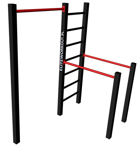 Zestaw street workout składający się z drabinki pionowej, drążka do podciągania, poręczy do dipów