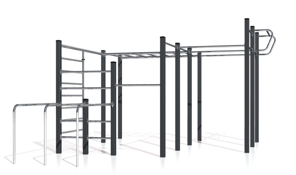 Zestaw street workout składający się z drążków do podciągania, poręczy do dipów, drabinek pionowych, drabinki poziomej, uszu do podciągania