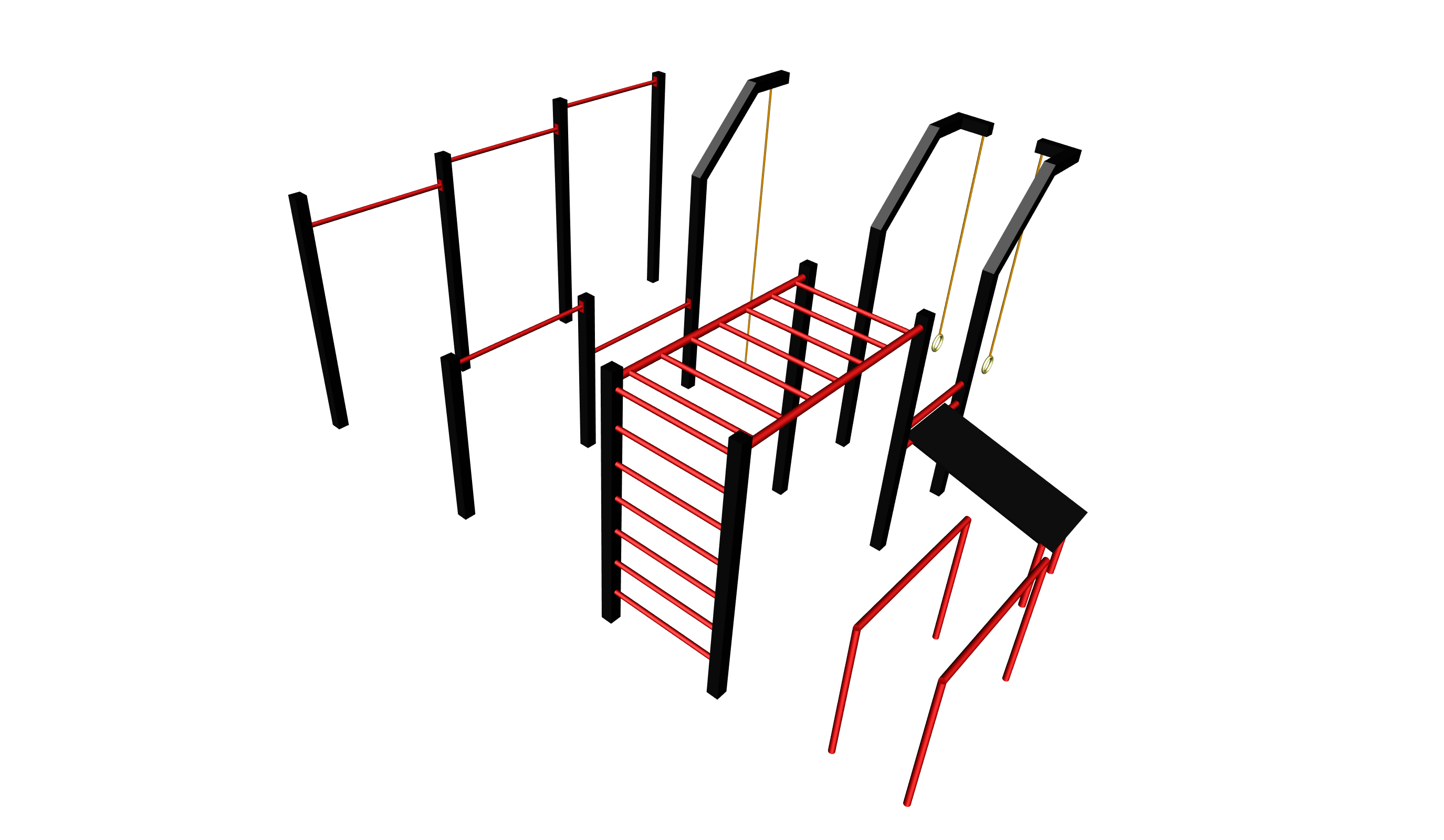 Zestaw street workout PSSX10 Medium składający się z 5 drązków, drabinki poziomej z pionową, liny wspinaczkowej, kółek gimnastycznych z wysięgnikami, ławeczki skośnej i autonomicznych poręczy do dipów