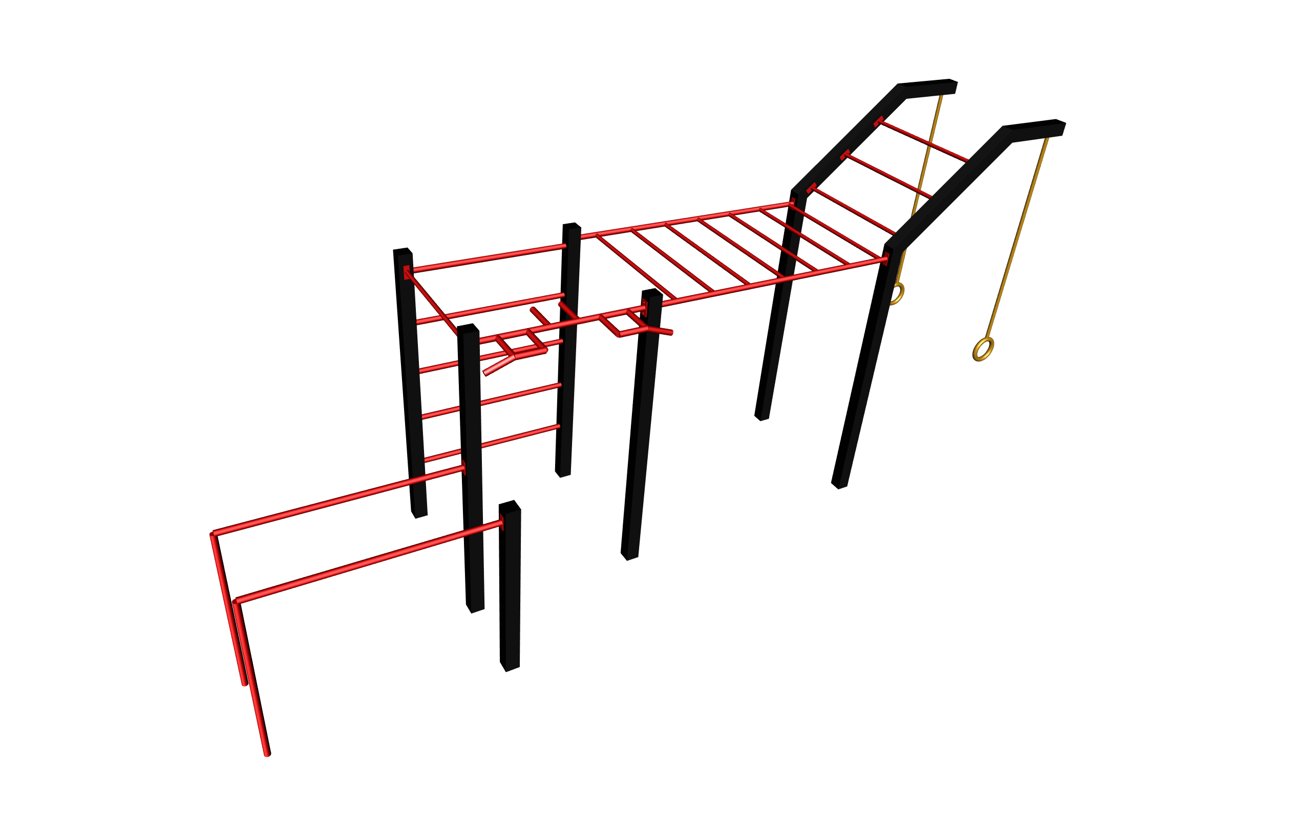 Zestaw street workout PSSX09 Medium składający się z drabinki poziomej i pionowej, poręczy do dipów, drążków do podciągania, drabinki skośnej z kółkami gimnastycznymi