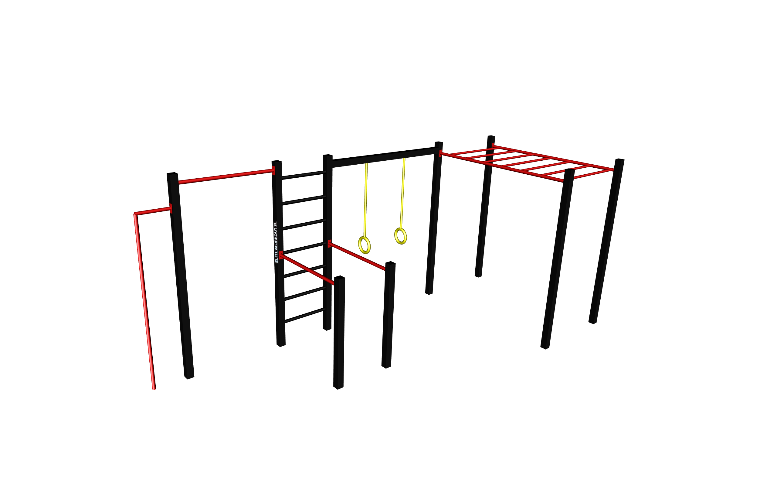 Zestaw street workout składający się z drabinki pionowej i poziomej, poręczy do dipów, drążka do podciągania, belki na kółka gimnastyczne albo huśtawkę, uchwytu do flagi