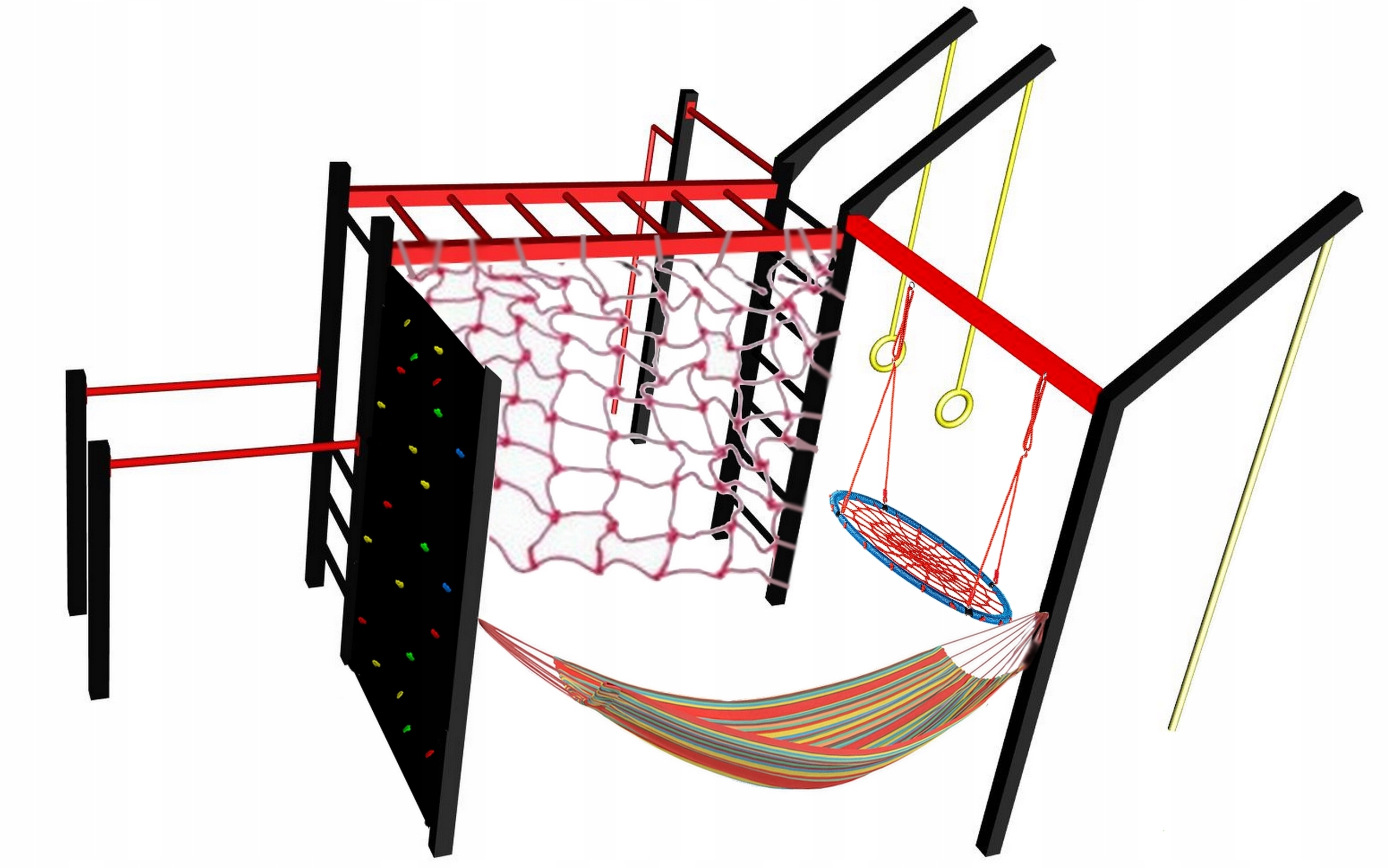 Zestaw street workout do ćwiczeń składający się z drązka do podciągania, poręczy do dipów, drabinki poziomej, drabinki pionowej z wysięgnikami na kółka gimnastyczne, uchwytu do flagi, belki na bocianie gniazdo i huśtawkę, ścianki wspinaczkowej, liny wspinaczkowej i hamaku