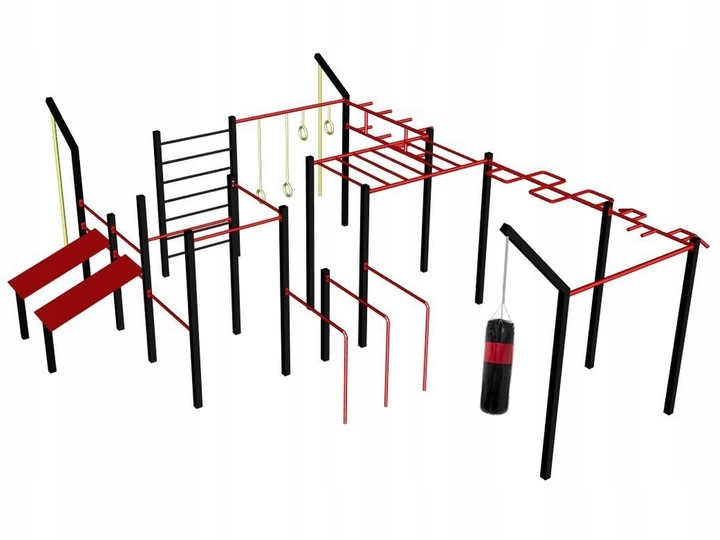 Zestaw street workout PSSX04 Mega składając się z liny wspinaczkowej, 2 ławeczek skośnych, 4 drążków do podciągania, 3 poręczy do dipów, drabinki poziomej, chwytów do podciągania, 2 stanowisk na kółka gimnastyczne, drabinki pionowej, drążka zygzaka, drążka multichwyt i worka bokserskiego