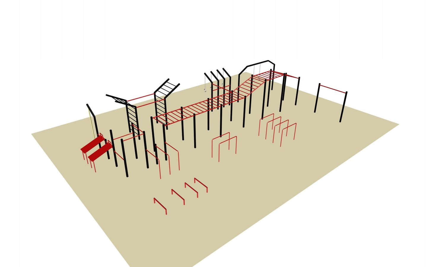 Największy nasz zestaw w ofercie składający się z liny do podciągania, 2 ławeczek skośnych, 6 drążków do podciągania w tym jeden 2m do freestyle, poręcze do dipów 3 szt przy słupach gięte, 3 drabinek poziomych w jednym rzędzie, 2 skośnych i jednej na wysokości 280cm, stanowiska kółek gimnastycznych freestyle i 2 par kółek gimnastycznych do podciągania, 2 drabinek skośnych z pionowymi i pomiędzy nimi 2 drążki 2m dodatkowe, 2 par niskich poręczy do pompek, 3 par autonomicznych poręczy do dipów