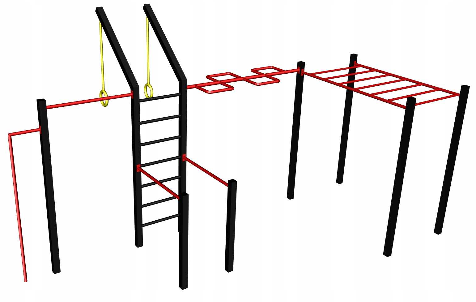 Zestaw PSSX12 Medium składający się z uchwytu do flagi, drążka do podciągania, drabinki pionowej ze skośną i mocowaniem na kółka gimnastyczne, poręczami do dipów, drążkiem zygzakiem i drabinką poziomą