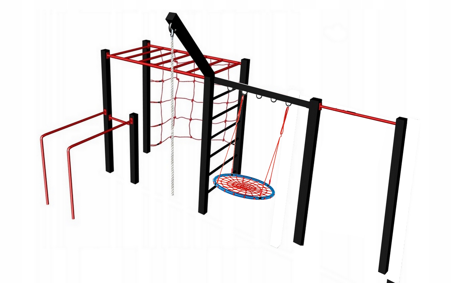 Zestaw street workout PSSX6.1 Medium składający się z drabinek poziomej i pionowej razem, bocianiego gniazda, drążka, poręczy do dipów, siatki wspinaczkowej i liny do wspinaczki