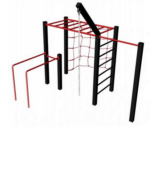 Zestaw Street Workout Małpi Gaj składający się z drabinki pionowej i poziomej razem, drążka do podciągania, poręczy do dipów, liny wspinaczkowej oraz siatki wspinaczkowej