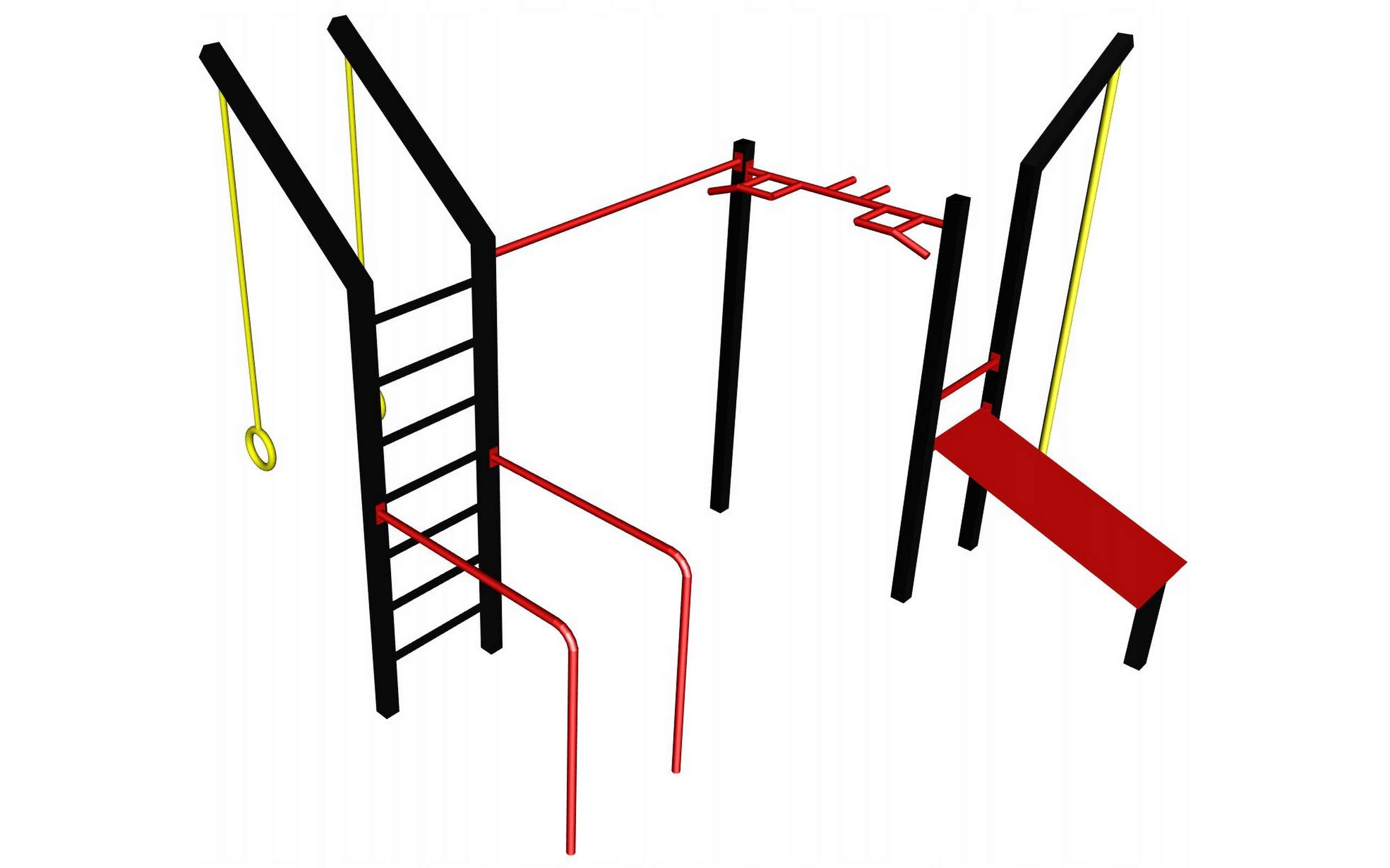 Zestaw Street Workout do ćwiczeń składający się z drabinki pionowej z wysięgnikami na kółka gimnastyczne, poręczy do dipów, drążka długiego 180cm, drążka multichwyta, ławeczki skośnej i liny wspinaczkowej