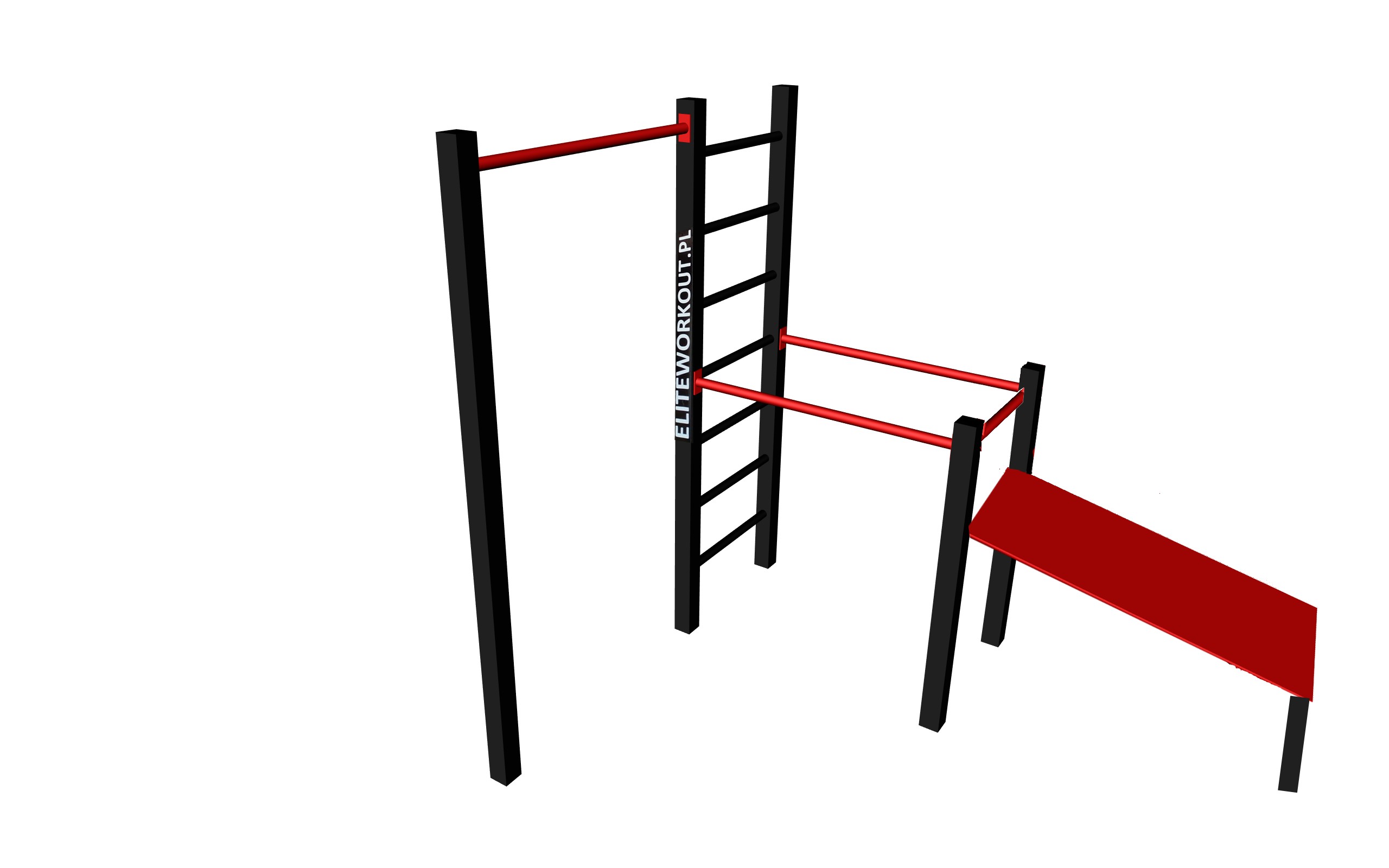 Zestaw street workout składający się z drabinki pionowej, poręczy do dipów pompek szwedzkich, ławeczka skośna i drązek do podciągania