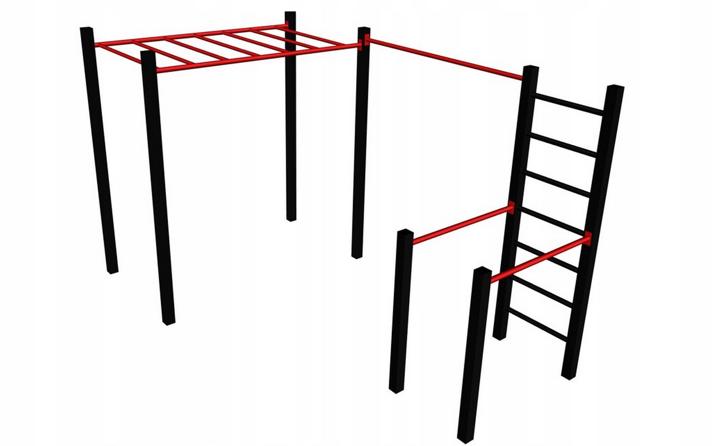 Zestaw street workout składający się z drabinki pionowej i poziomej, drążka długiego 180cm i poręczy do dipów