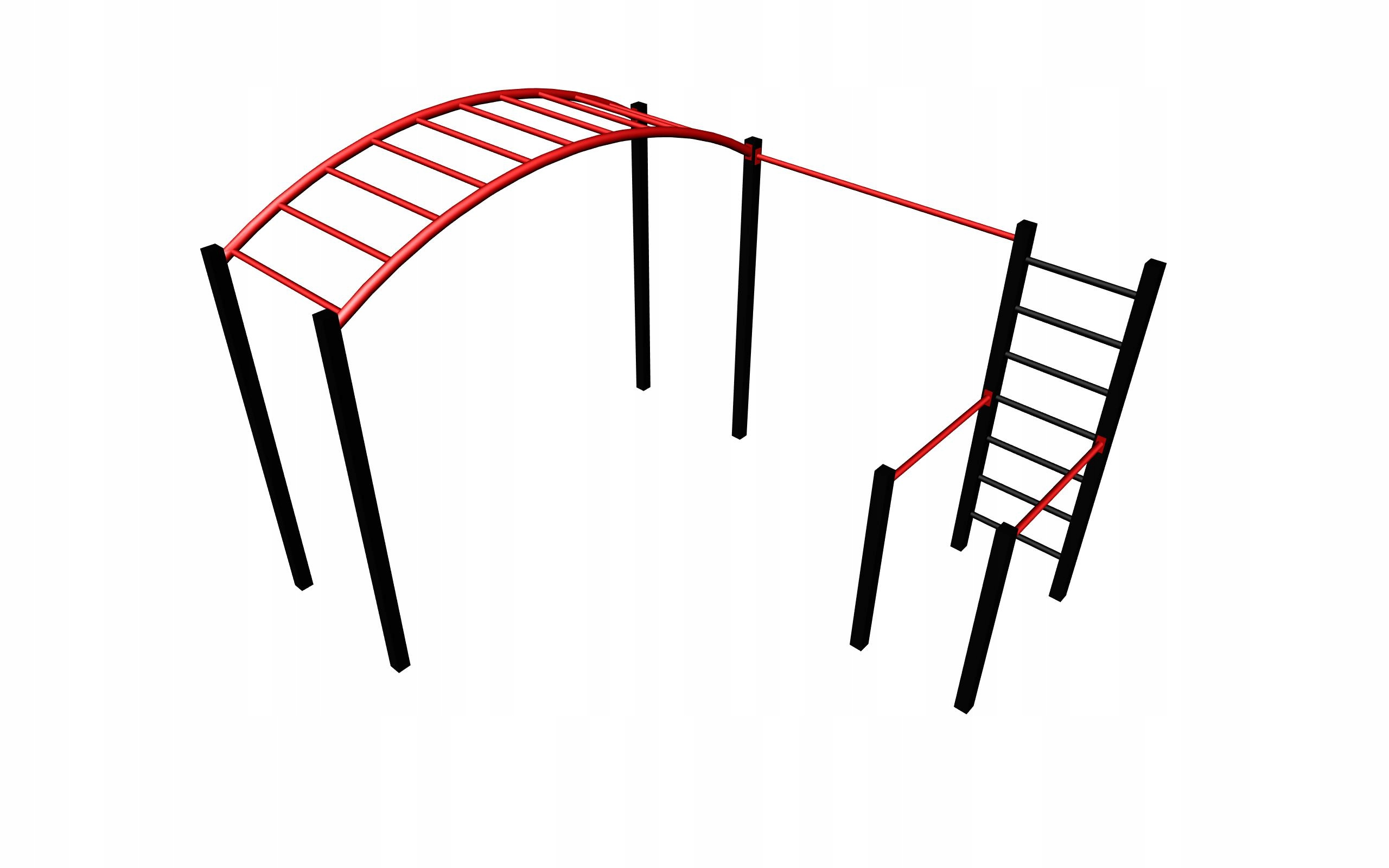 Zestaw street workout PSSX04.A Medium składający się z drabinki półokrągłej 3m długości, drabinki pionowej, drążka do podciągania 180cm i poręczy do dipów