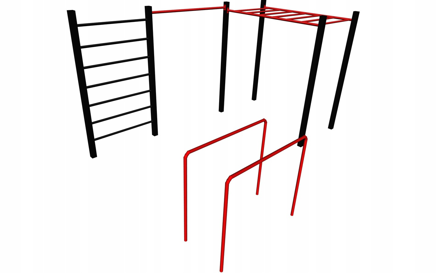 Zestaw street workout składający się z drabinki pionowej i poziomej, drążka do podciągania, autonomicznych poręczy do dipów