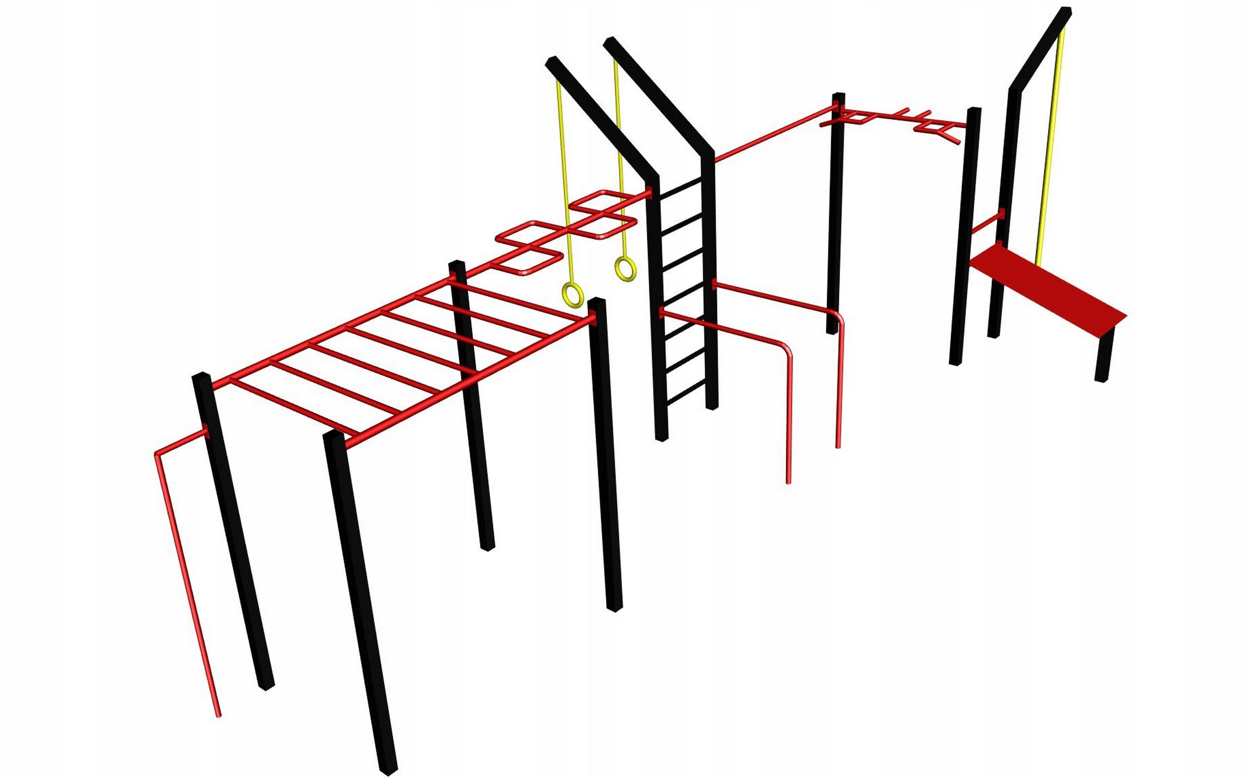 Zestaw street workout składający się z uchwytu do flagi, drabinki poziomej, drążka zygzakowatego, drabinki pionowej z wysięgnikami na kółka gimnastyczne, poręczy do dipów, drążka długiego 180cm, drążka mutlichwyta, ławeczki skośnej, liny wspinaczkowej